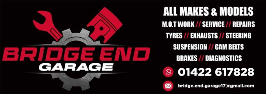 Logo and description of services at Bridge End Garage, Sowerby Bridge
